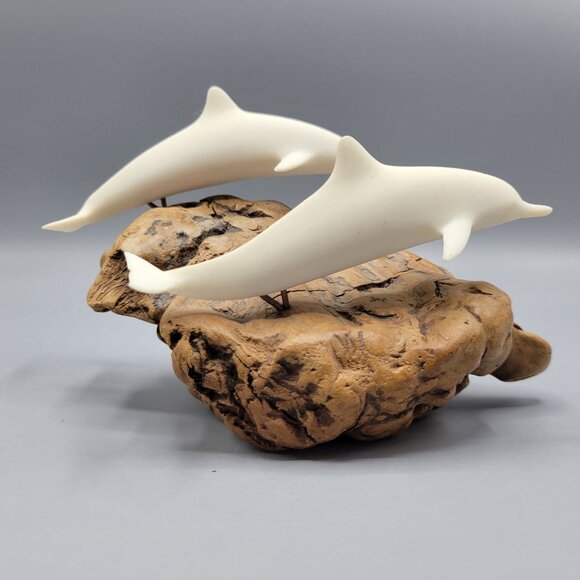 Vintage John Perry White Dolphin Sculpture On Driftwood Base 4" Tall - Picture 6 of 14